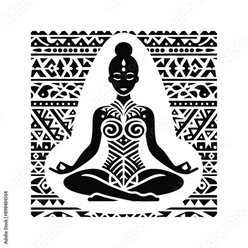 Meditation, yoga female player in ethnic polynesia pattern illustration, emblem shield badge