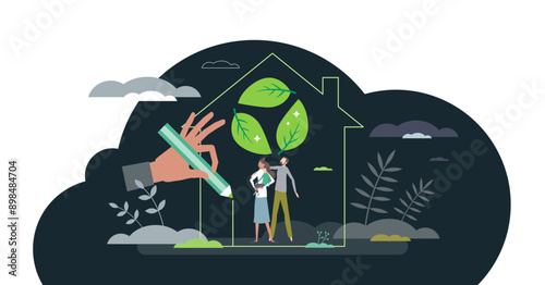 Sustainable house as home with recyclable material usage tiny person concept, transparent background. Smart, effective and alternative energy.