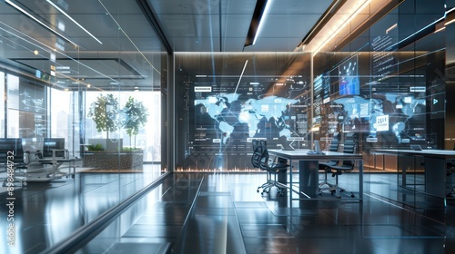 high-tech office space with transparent digital screens showing a dynamic virtual conference in progress photo