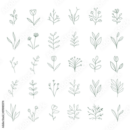 Different flower sets of editable flat strokes. Luxury line flower collection for wedding invitation art, date card save design template. Vector illustration of botanicals lined up