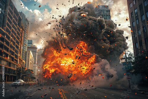 Fototapeta Naklejka Na Ścianę i Meble -  Massive explosion in a city street with flames and debris flying