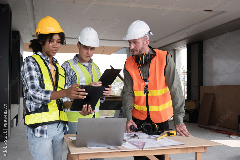Engineering Team Collaborates on Work Plan in Modern Construction Site with Safety Gear and Equipment Engineering Team Collaborates on Work Plan in Modern Construction Site with Safety Gear and Equipment