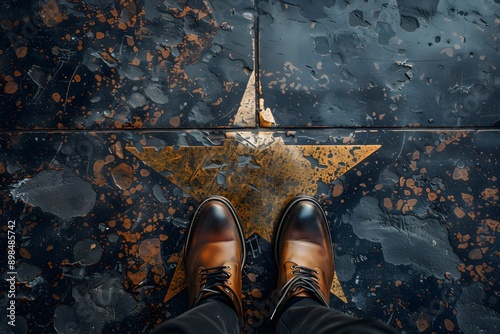 Person Standing on a Star Plaque on a Textured Pavement