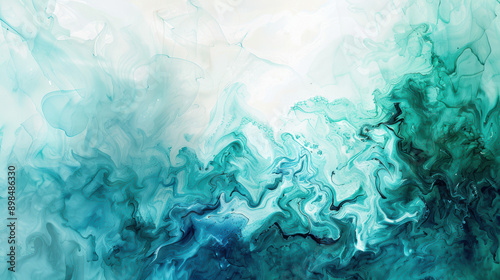 Abstract blue and green watercolor painting with fluid, flowing shapes and soft gradients, creating a sense of calm and movement.