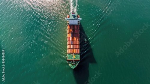 Aerial top view of a cargo ship with a distinct contrail in calm ocean waters, Cargo Ship, Ocean, Logistics © MAGNIFIER