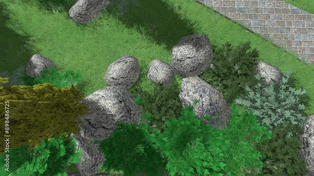 3d image of the landscape design of the home territory. Landscaping of ...