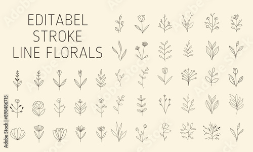 Minimalist flower and flower branches for logos or tattoos. Hand drawn line wedding elements, simple elegant leaves