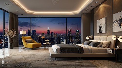 Modern style luxury interior with city view 3d render, There are terrazzo floor decorated wall with hidden light
