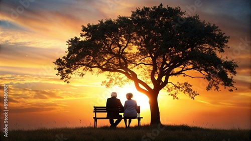 Fototapeta Naklejka Na Ścianę i Meble -  silhouettes-of-an-old-couple-sitting-under-a-tree