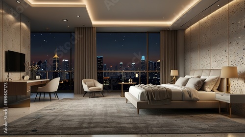 Modern style luxury interior with city view 3d render, There are terrazzo floor decorated wall with hidden light