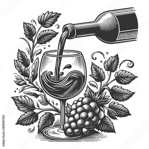 wine being poured into a glass with grapevine leaves and a bunch of grapes, in a vintage style sketch engraving generative ai vector illustration. Scratch board imitation. Black and white image.
