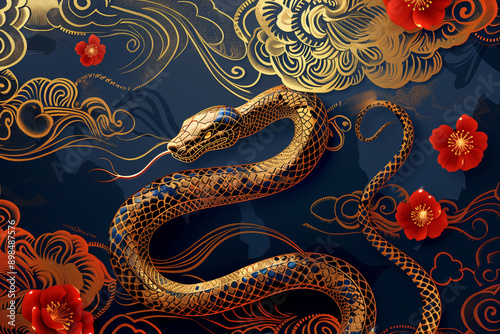 A golden snake against a Chinese New Year style background with red flowers and gold clouds. Traditional Chinese pattern style illustration, on a dark blue background, flat lay, top view.
