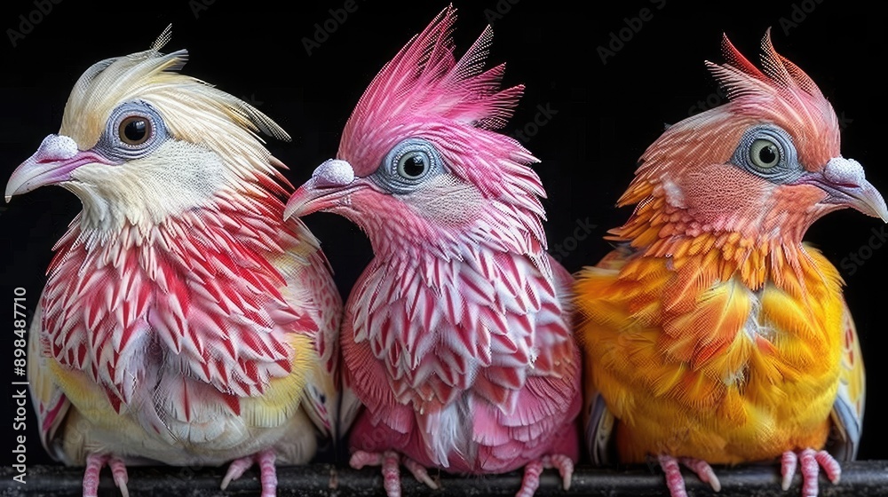 Fototapeta premium Three birds are sitting on a ledge, all of them are pink. The birds are standing close to each other,The image has a playful and lighthearted mood, AI generated image.