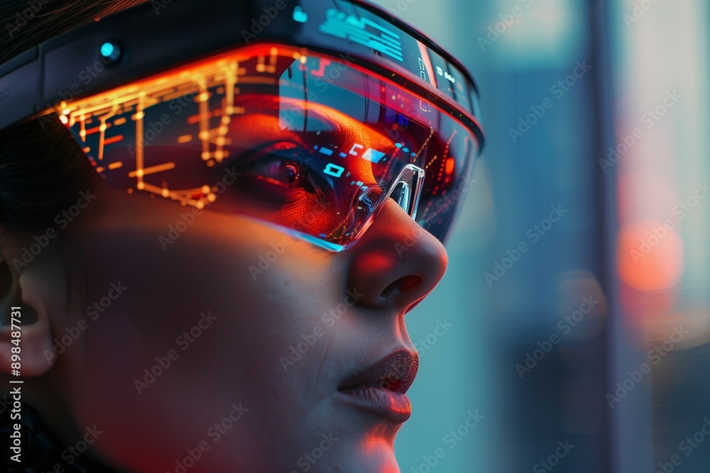 Young girl in augmented reality glasses. VR glasses. Picture of the future. Young girl in augmented reality glasses. VR glasses. Picture of the future.
