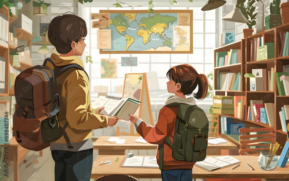 Two students with backpacks studying in a cozy classroom filled with books, maps, and plants. Two students with backpacks studying in a cozy classroom filled with books, maps, and plants.