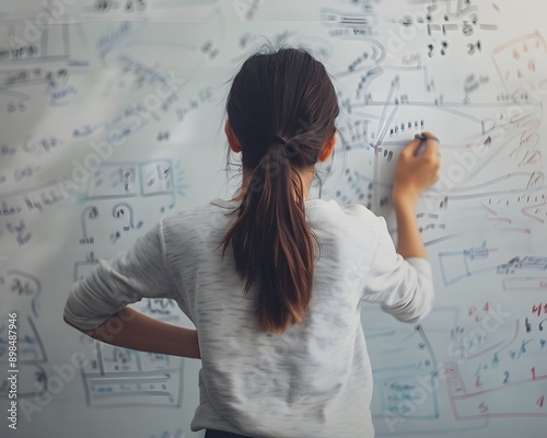 Woman writing on a whiteboard filled with notes and diagrams, representing brainstorming, planning, and problem-solving concepts. photo