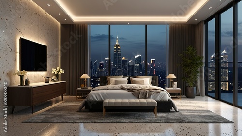Modern style luxury interior with city view 3d render, There are terrazzo floor decorated wall with hidden light