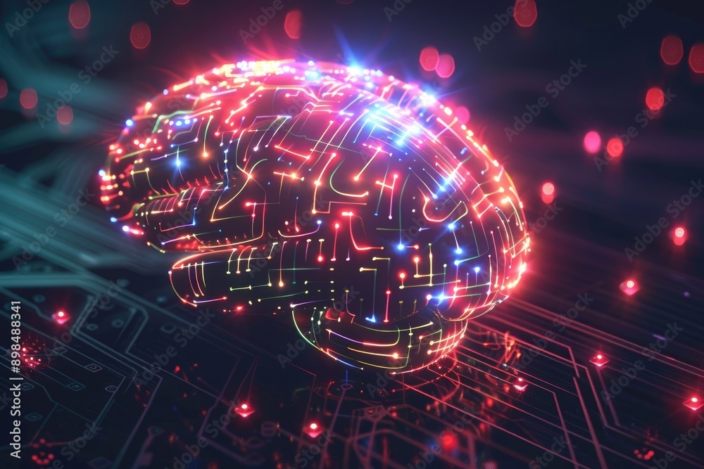 Abstract Digital Brain With Circuit Board Elements And Glowing Lights Abstract Digital Brain With Circuit Board Elements And Glowing Lights