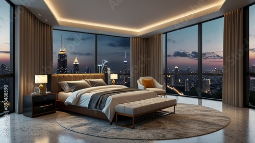 Modern style luxury interior with city view 3d render, There are terrazzo floor decorated wall with hidden light