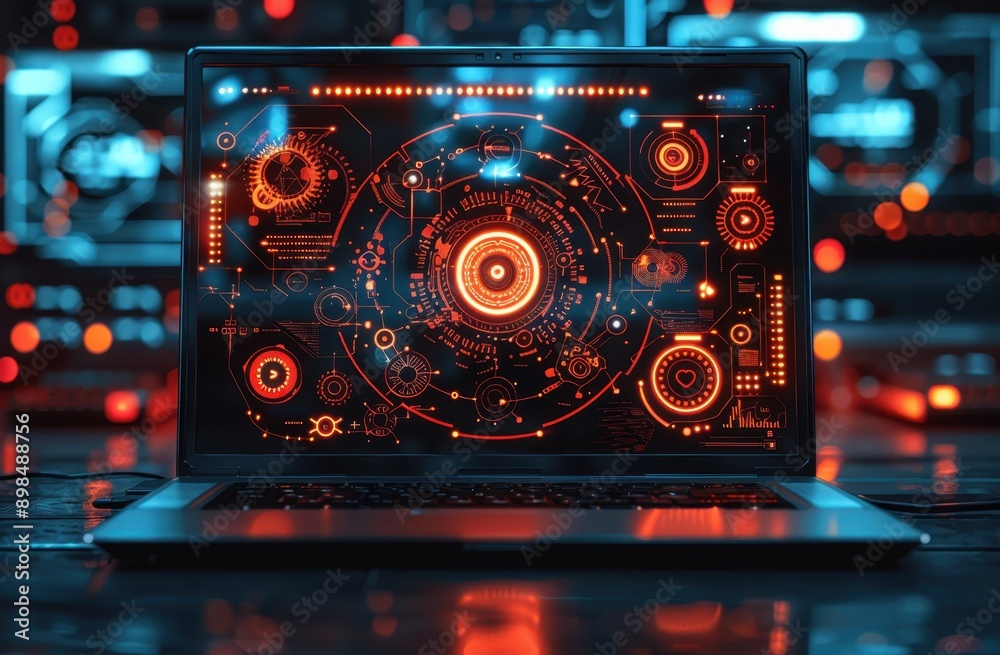 Close-up of a laptop screen displaying a high-tech digital interface with glowing red holographic elements, highlighting futuristic technology.