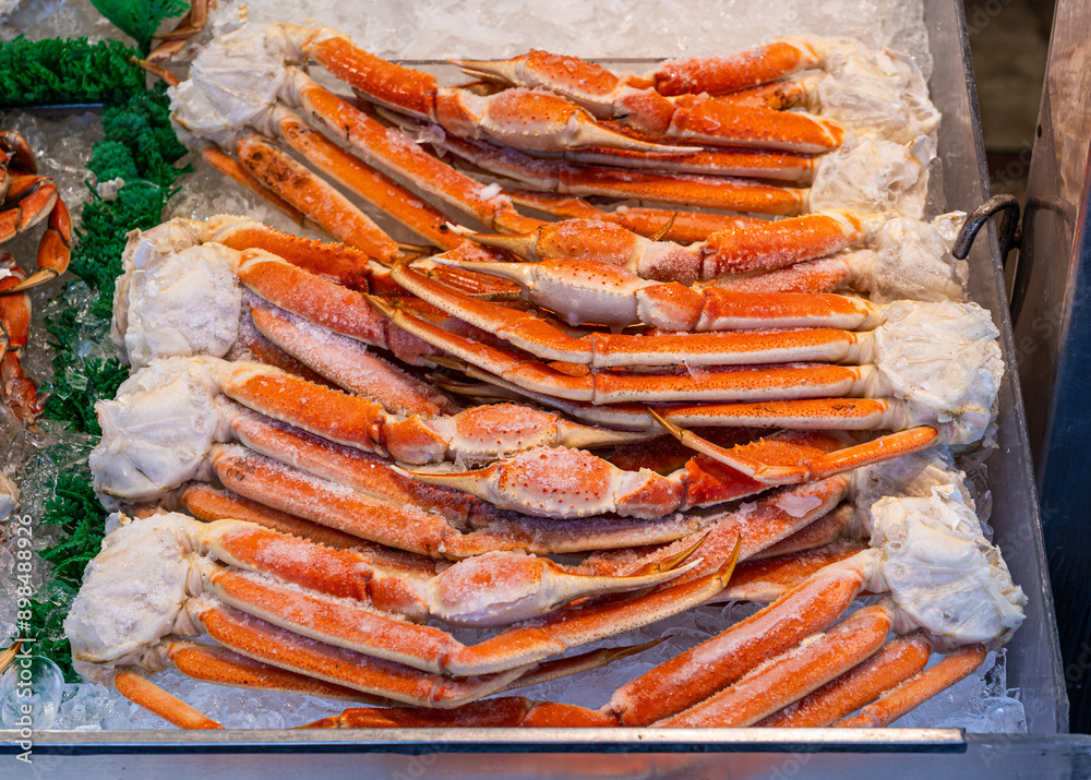 Frozen Alaska king crab legs in Washington D.C. fish market at the Wharf.