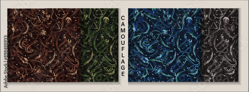 Set of camouflage grunge patterns with icons of horoscope, zodiac signs, stars, smudge, splattered paint. Esoteric mystic concept. For prints, clothing, t shirt, surface design