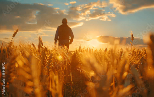 Farmer is walking through a golden wheat field at sunset, checking his crops