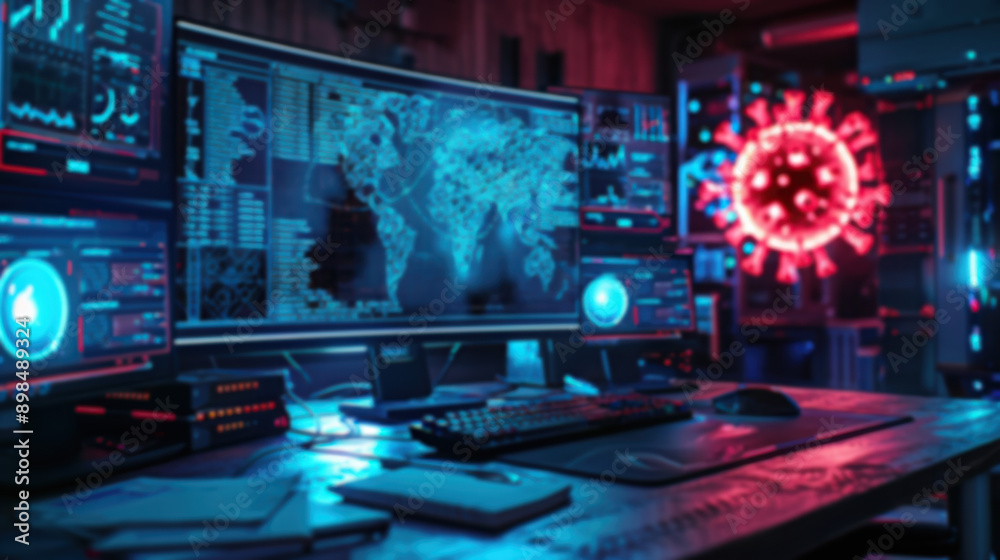 Futuristic cybersecurity setup with multiple monitors displaying data and a glowing holographic interface in a dimly lit tech room. Futuristic cybersecurity setup with multiple monitors displaying data and a glowing holographic interface in a dimly lit tech room.