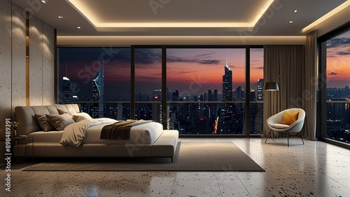 Modern style luxury interior with city view 3d render, There are terrazzo floor decorated wall with hidden light