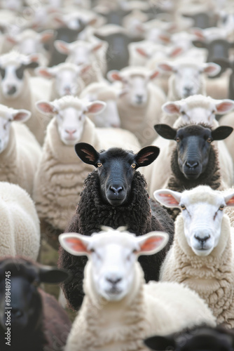 A flock of white sheep with a few black sheep standing out among them, symbolizing uniqueness and diversity within a group in a countryside setting.