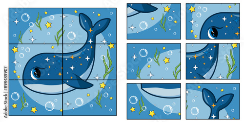 Child Game. Collect a picture. Puzzle education game for children. Cute whale swimming cartoon vector illustration. Animal nature concept vector.