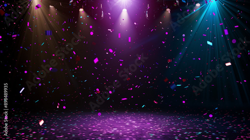 congratulation party celebration background with floating confetti and ribbons with purple blue spot light on dark background copy space for text design