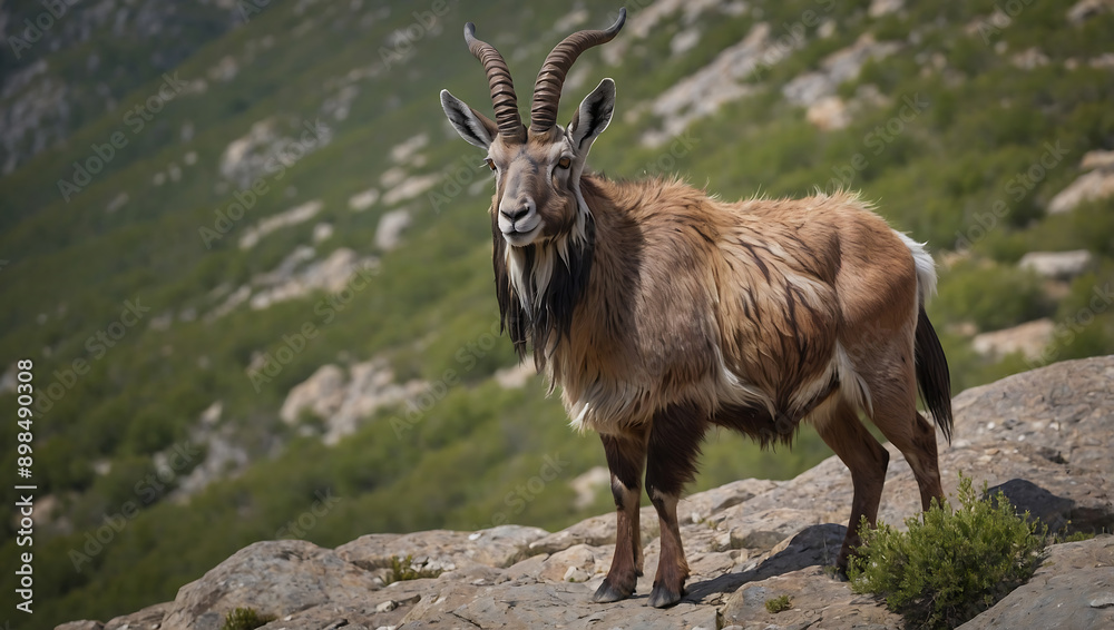 Close-up portrait of brown goat with small horns, resembling deer but with shorter antlers Close-up portrait of brown goat with small horns, resembling deer but with shorter antlers