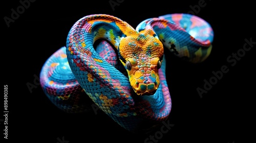Bright snake covered with multi-colored spots on a black background, graphic resources