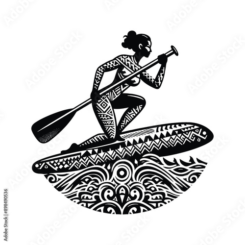 Paddleboarding  female player in ethnic polynesia pattern illustration, emblem shield badge