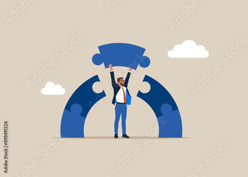 Businessman connecting jigsaw puzzle bridge. Business deals to achieve business goal. Flat vector illustration