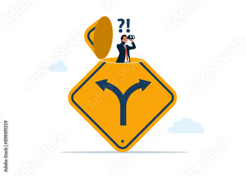 Businessman open career path sign using binoculars to see alternative or choice, deciding career path. Modern vector illustration in flat style 