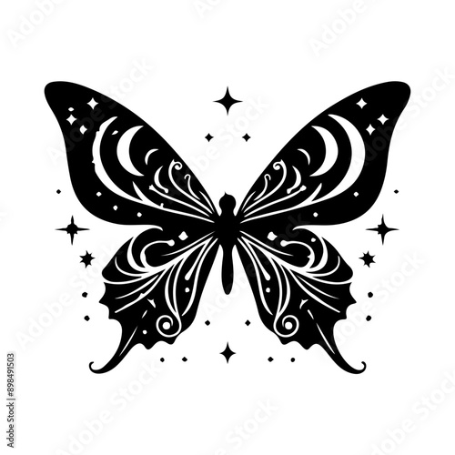 Bohemian Celestial butterfly tattoos, Silhouette Mystical occult symbols moth illustration.