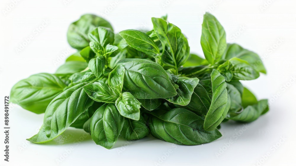 Fresh Bunch of Isolated Basil Leaves on White Background for Culinary Concepts Fresh Bunch of Isolated Basil Leaves on White Background for Culinary Concepts