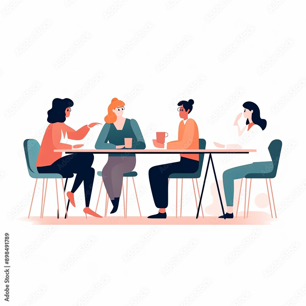Minimalist character illustrations in Notion style, white background, with a group of people sitting at a table Minimalist character illustrations in Notion style, white background, with a group of people sitting at a table