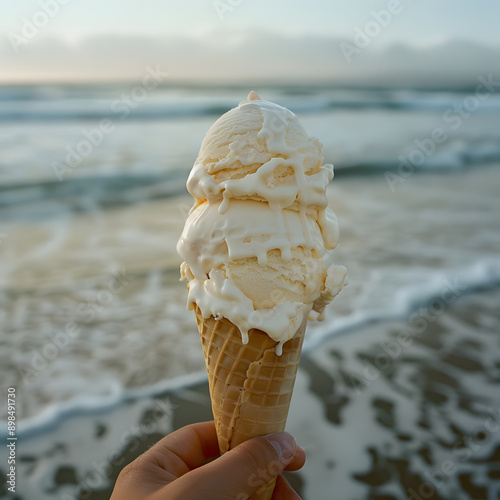 ice cream, slightly melted, dripping down the cone, agianst a neutral coloured beach sea sand blue sky background,hold by hand photo