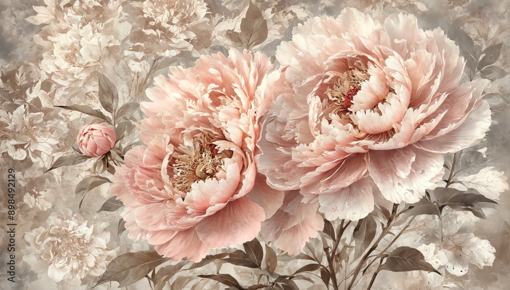 custom made wallpaper toronto digitalDigital illustration two large pink peonies beige background A b