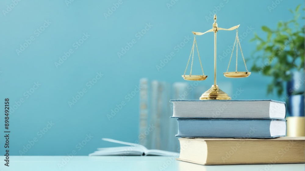 Golden balance scale top stack books blue desk Legal Compliance Golden balance scale top stack books blue desk Legal Compliance