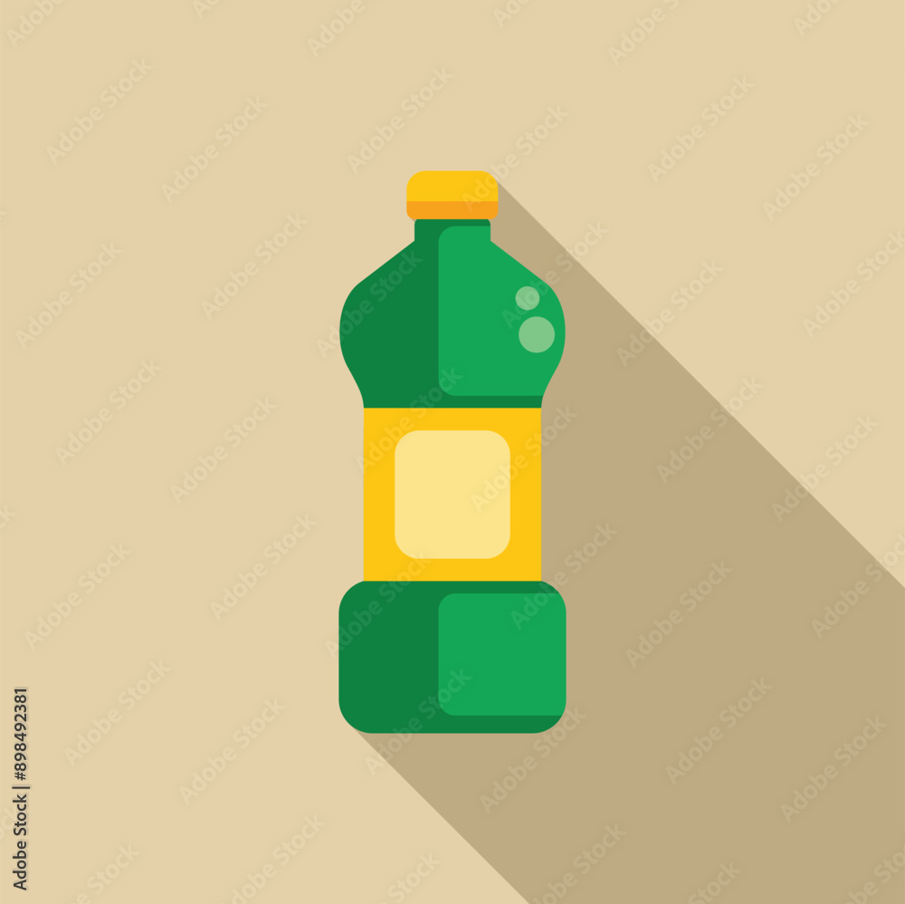 Green plastic bottle with yellow label containing liquid is standing on the table with long shadow Green plastic bottle with yellow label containing liquid is standing on the table with long shadow