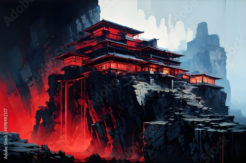 Dramatic artwork featuring a red pagoda on a cliff, overlooking a mist-filled valley. The scene is atmospheric and ethereal photo