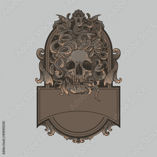 Gothic signboard with skull and snakes
