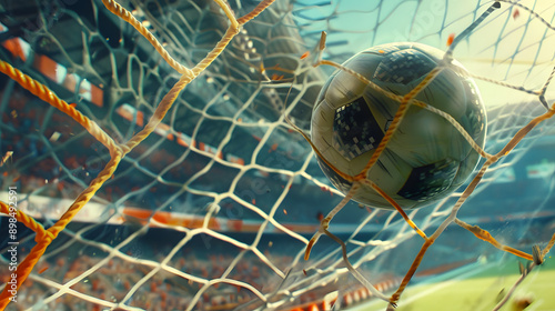 A soccer ball hitting the net in a stadium during a match. Dynamic and action-packed scene. Concept of scoring a goal and celebration