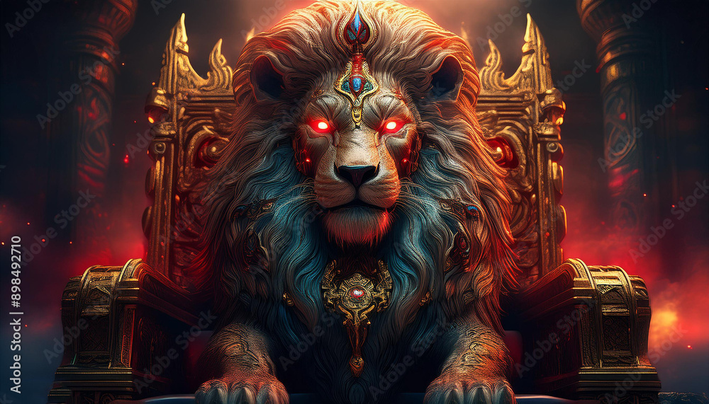 Fototapeta premium God lion sitting on a golden throne with neon red eyes, with black fog background