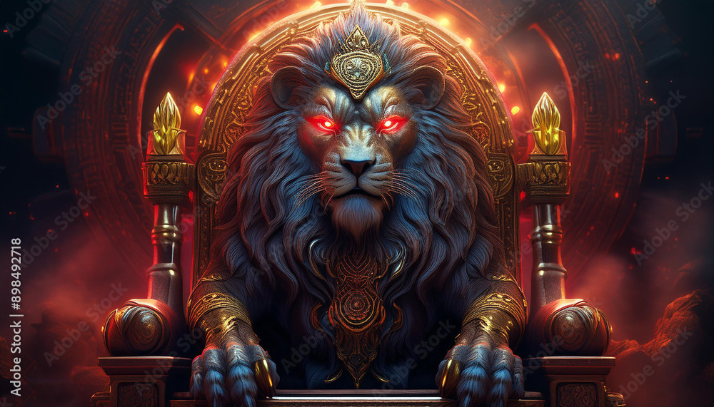 God lion sitting on a golden throne with neon red eyes, with black fog background God lion sitting on a golden throne with neon red eyes, with black fog background