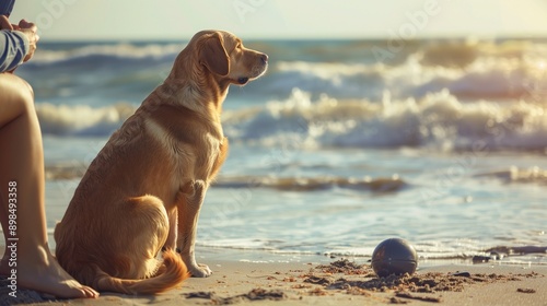 dog labrador golden retriever frolicking and relaxing on the beach, on the seashore photo